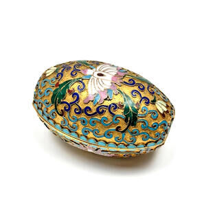 Cloisonné Enamel Oval Trinket Box Removable Lid Floral Brass Multicolor